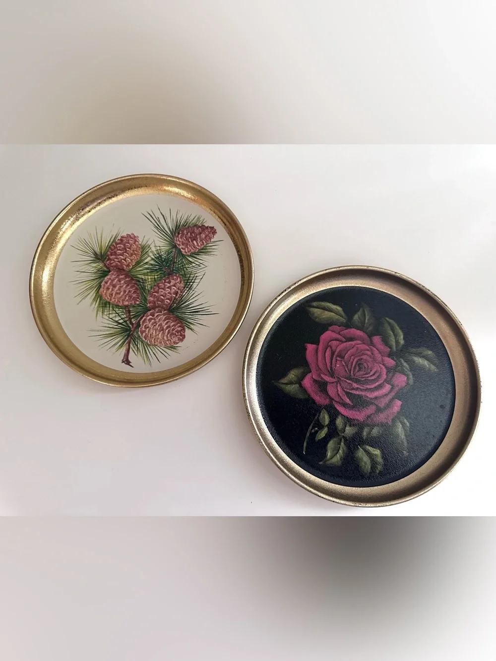 Vintage Decorative Tin Trays - Acorns and Rose - Excellent Condition